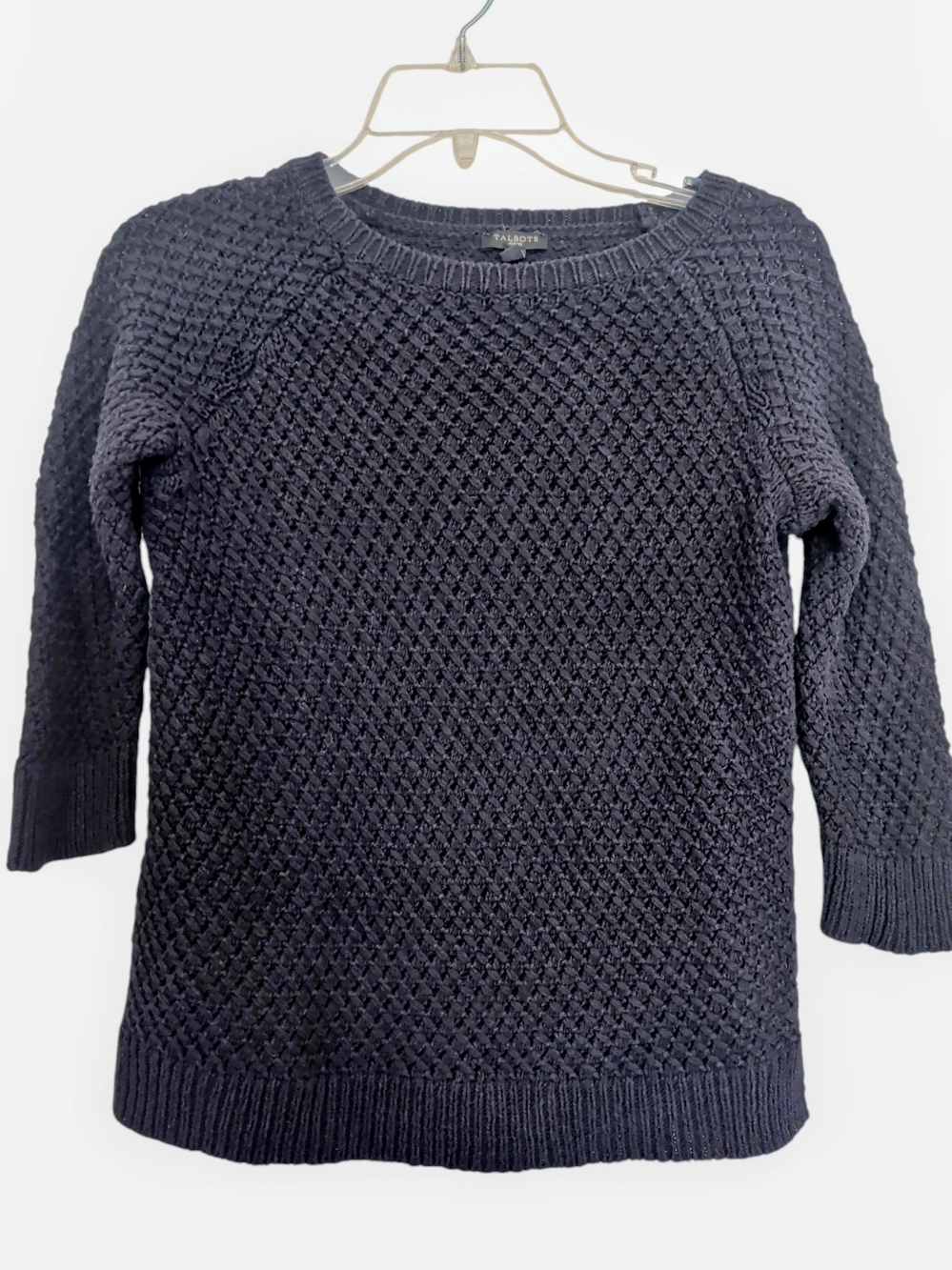 Talbots Navy Blue Petite Small Textured Crewneck Sweater